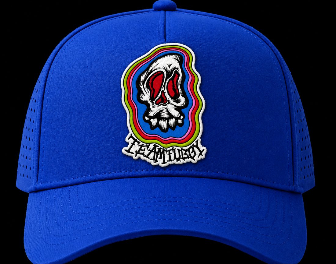 Team Tubby Dripping Skull trucker hat, royal blue, front view
